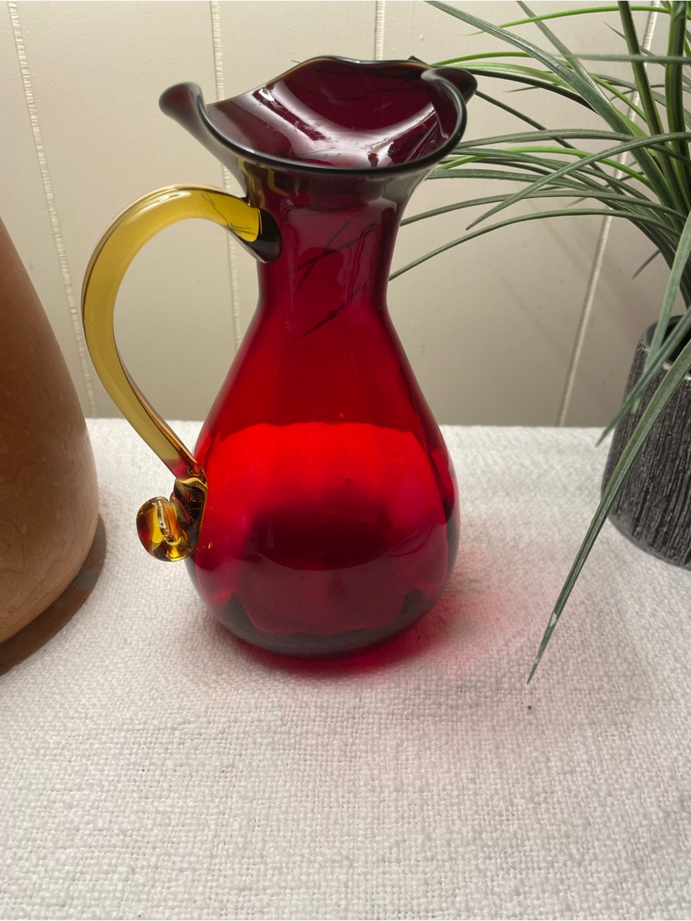 Handblown Ruby Red Glass Pitcher with Amber Handle
